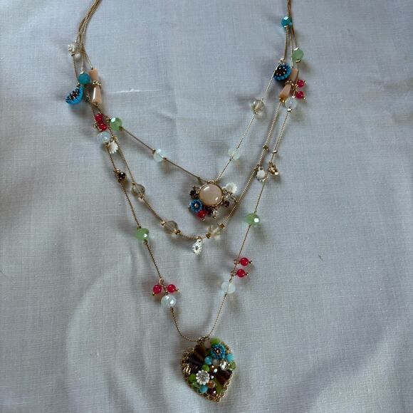 Flower  Heart Illusion Necklace Triple Chain  Boho Cottagecore NWT Retro Beaded - Picture 5 of 13